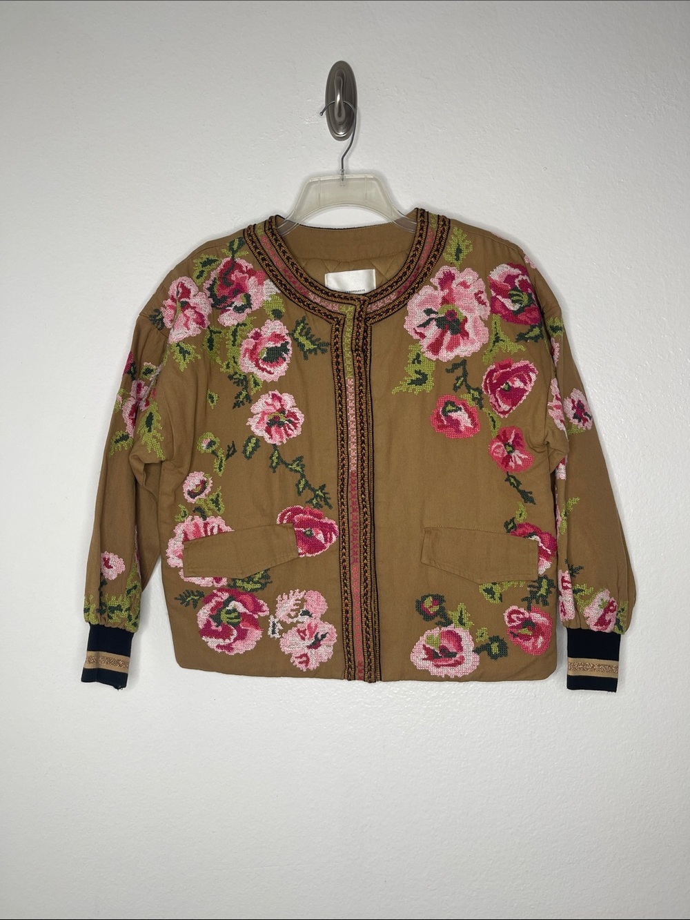 Anthropologie Needlepoint Bomber Jacket with Pink Flowers Size Small